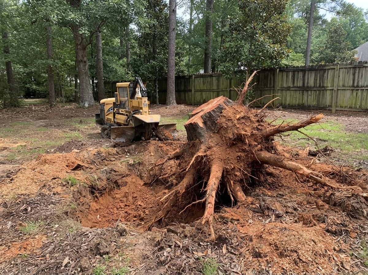 Large tree stump and root ball removed from a residential yard in the Atlanta, GA area