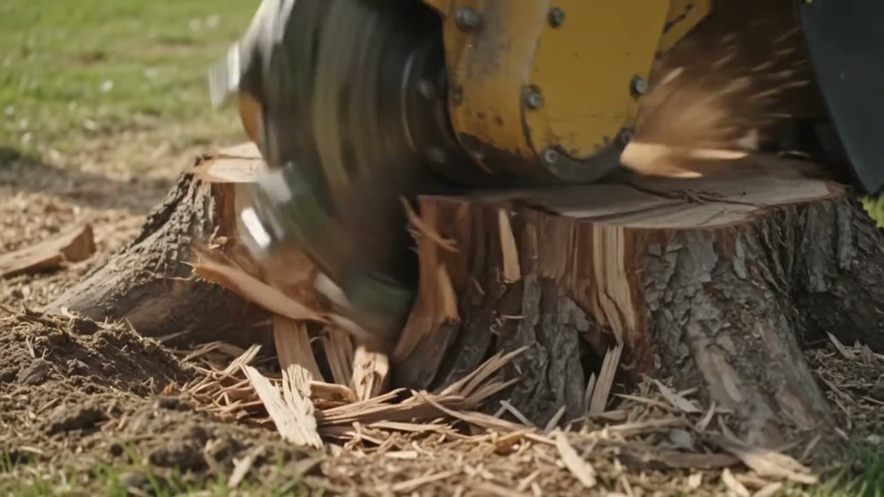 A&L Stump Grinding crew grinding a large tree stump at a home in the Atlanta, GA area
